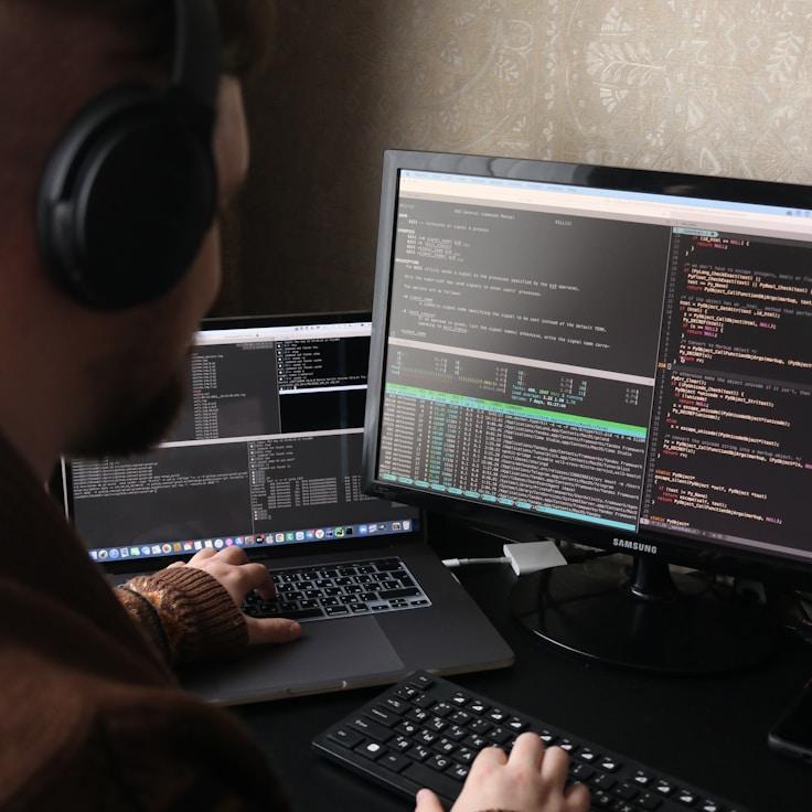 Mobile app project planning workspace with devices and development tools